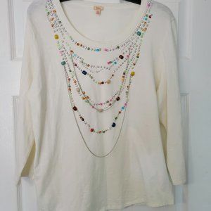Reba cream tunic top with 3/4 sleeves and beaded strands XL